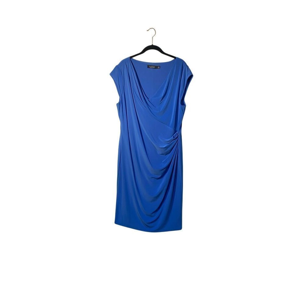 Lauren Ralph, Lauren women’s sleeveless Cowl neck, blue sheath dress 18